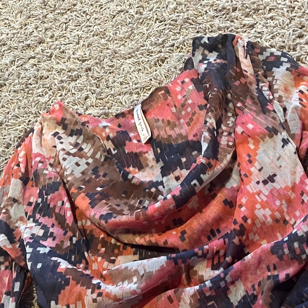 Sweet Pea‎ by Stacy Frati Mesh Cowl Neck Ruched Top Pink Pixel Print Medium